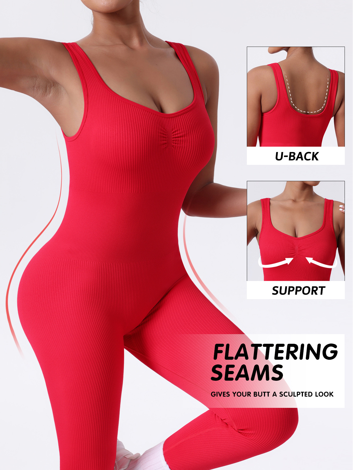 V-Neck Backless Threaded Jumpsuit Women's Fixed Double Shoulder Strap Sports Shaping Jumpsuit Seamless Hip Lifting Yoga Suit