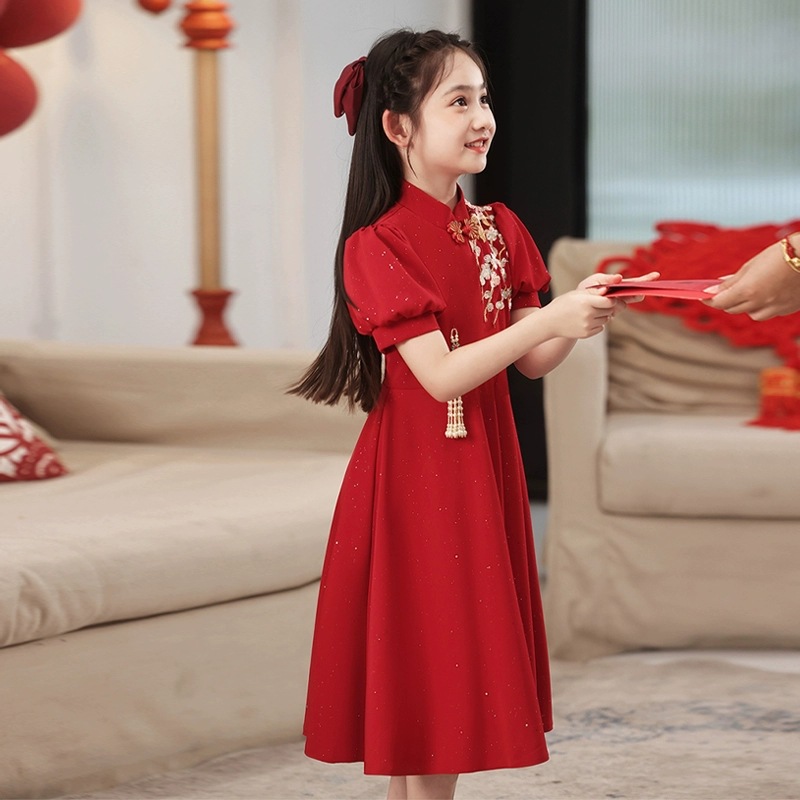 Girls' New Chinese Style Dress Summer New Big Children's Red Performance Cheongsam Dress Little Girl's Chinese Style dress