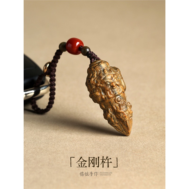 Green Sandalwood Vajra Pestle Pendant Triangular Pestle Mobile Phone Chain Bag Pendant Wood Carving Pendant Car Key Pendant