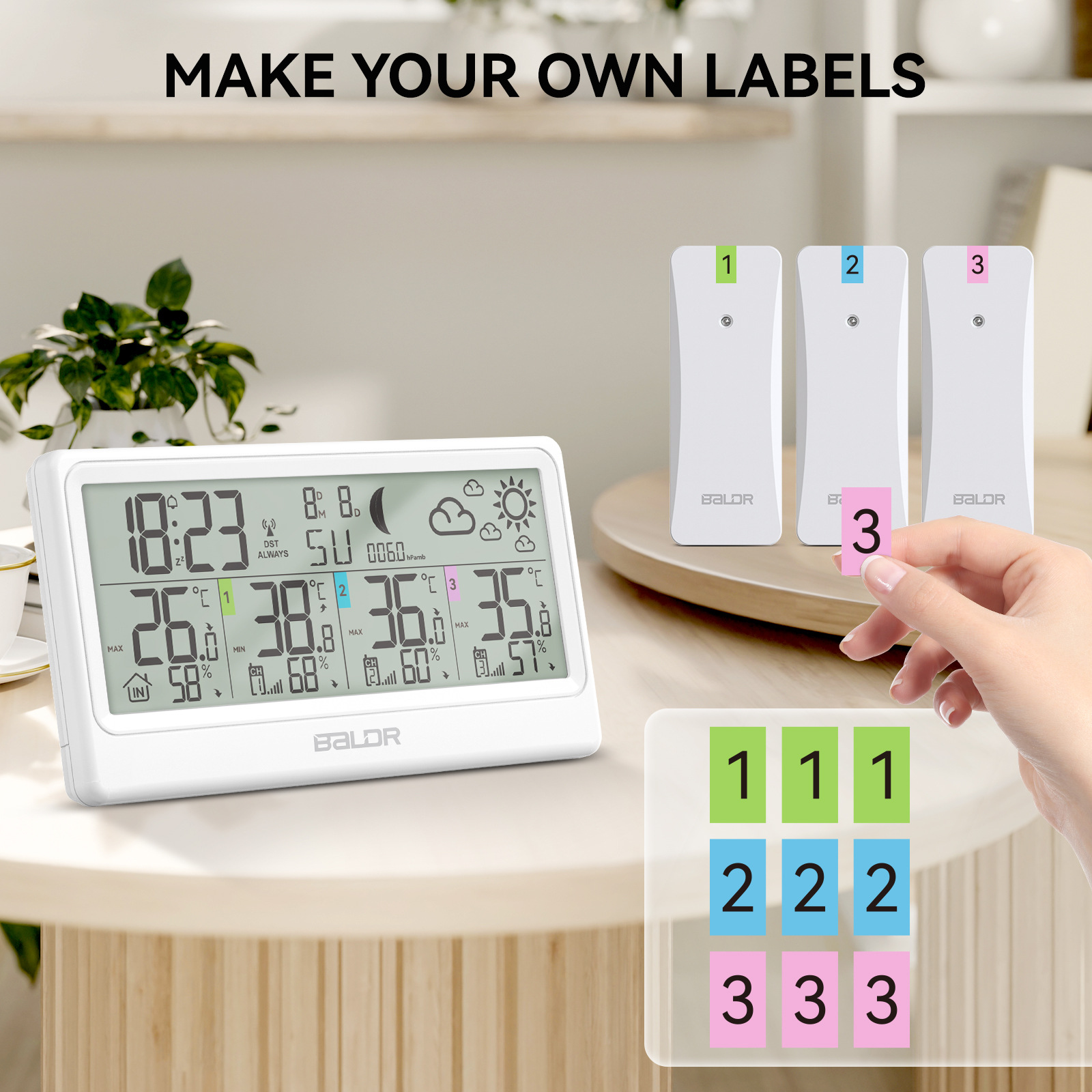 BALDR трехканальный беспроводной измеритель температуры и влажности, будильник, фаза луны, давление и другие функции