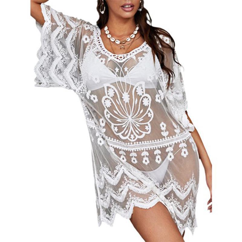 European and American beach vacation sun protection Women's loose mid-length pullover dress water soluble lace shirt bikini blouse