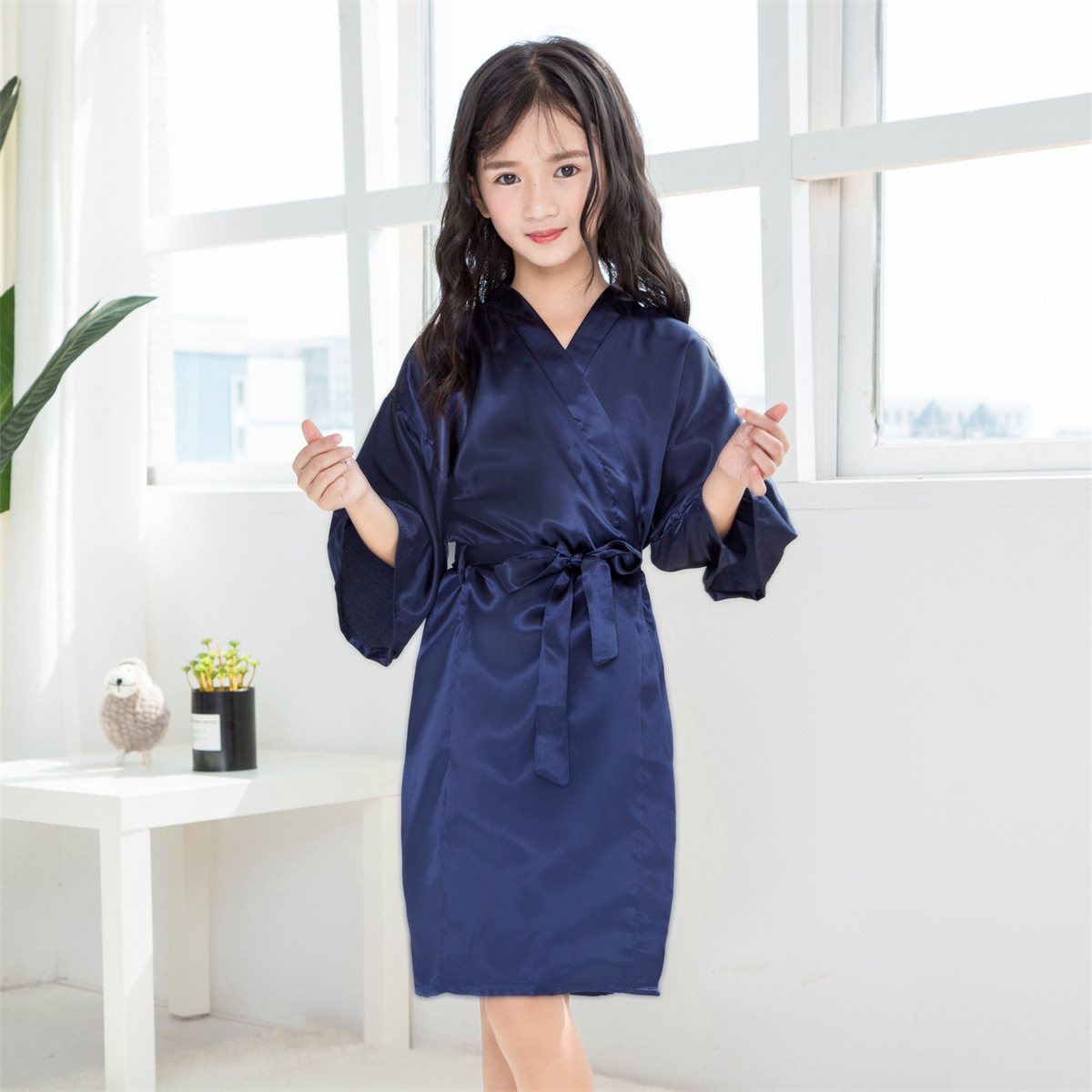 Cross-border Classic Solid Color Children's Party Foreign Trade Summer Plain Thin Imitation Silk Sade Thin Cardigan Nightgown