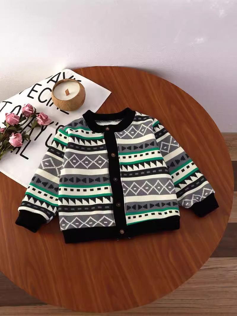 Children's Clothing Children's Cardigan Coat Knitted Baby Autumn and Winter fleece-lined Small Outer Jacket Boys' Round Collar Fashionable Thin All-Match