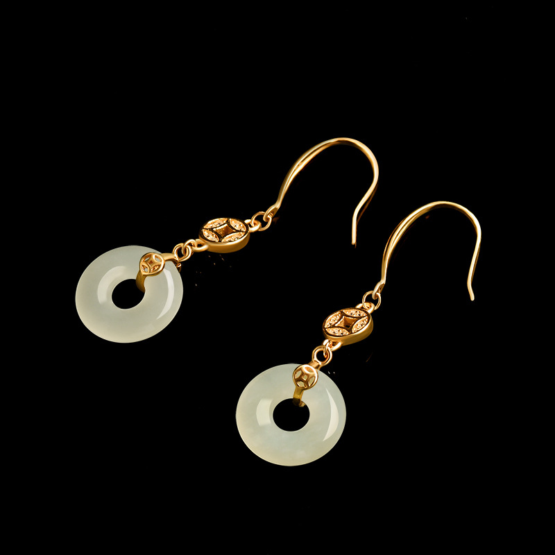 genuine goods old material Hetian jade jade ring earrings S925 silver inset Chinese style temperament women's personality earrings women's wholesale