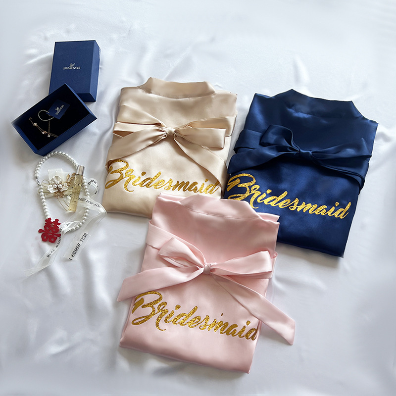 Свадебное платье для невесты, группа подружек невесты, халат из льняного шелка с бронзированием, пижама, длинный стиль для женщин