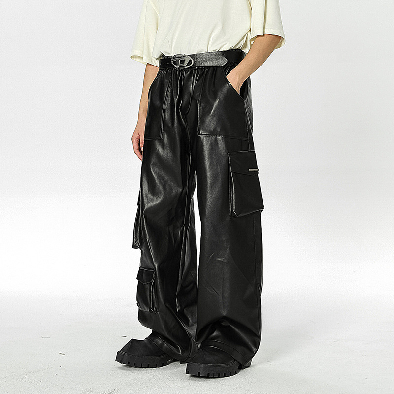 oldschool West Coast American multi-pocket overalls casual hiphop fried street pants trendy punk leather pants