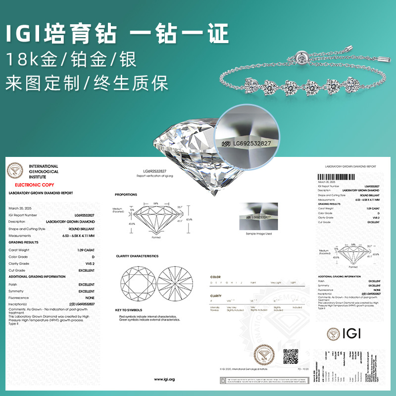 Factory Direct 18K Gold Custom Foreign Trade Jewelry Small Fragrance Style S925 Silver Couple D Color Igi Cultured Diamond Bracelet