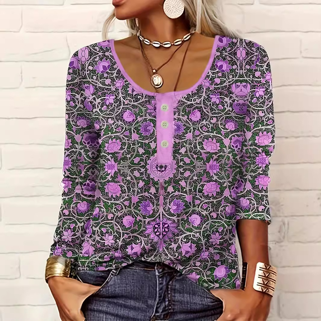 2024 European and American Amazon TEMU Independent Station Women's V-Neck Casual Ethnic Style Printed Button plus size Women's T-Shirt
