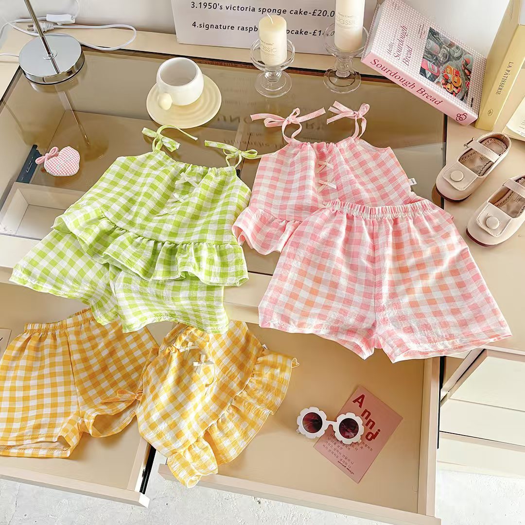 Summer Export Two-Piece Plaid Bow Suspender Suit for Girls, Stylish Plaid Vest Culottes, Internet Celebrity
