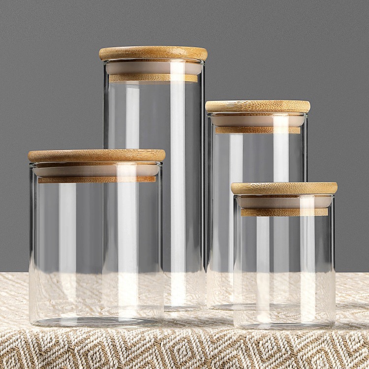 Round Bamboo Lid Glass Sealed Jar High Borosilicate Straight Coffee Bean Tea Storage Jar Dried Fruit Grain Storage Jar