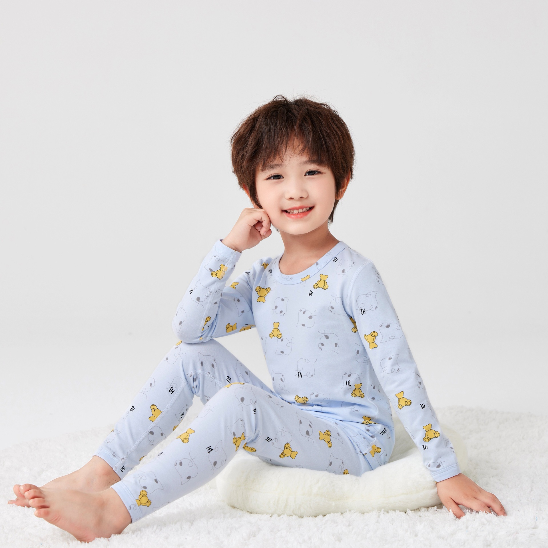 2025 New Korean Version Children's Seamless Brushed Lycra Cotton Cartoon Thermal Underwear Set Home Wear