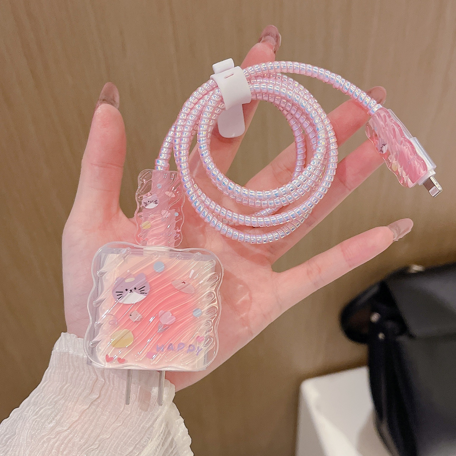 Suitable for Apple Charging Head Cover Protective Cover 20W Data Cable Charger Protective Cover Anti-Break Cartoon Pink Wave