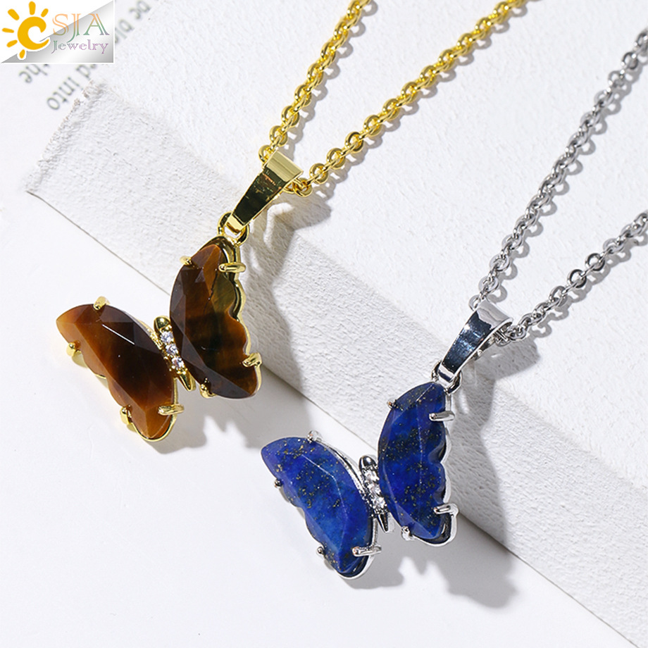 CSJA semi-precious stone crystal necklace butterfly pendant natural stone pendant stainless steel chain ladies H158