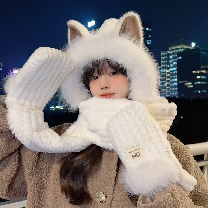 Hat Autumn and Winter Women's Hat Scarf All in One Cute High-End Fleece-Lined Thickeneded Windproof Warm Plush Hat Winter