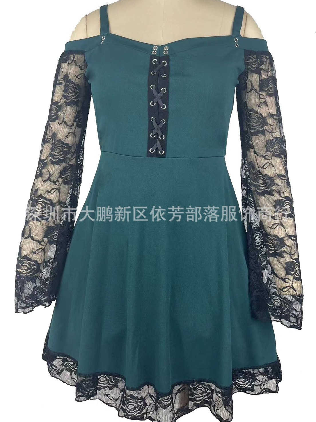 Amazon European and American women's off-neck shoulder strap lace bell sleeve ribbon corns large swing sexy mid-length dress