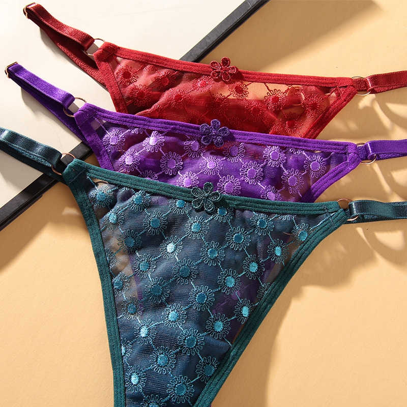 Sweet Sexy Floral Thong Women's Low Waist Breathable Tulle Fashionable Adjustable Belt Women's Large Size Underwear