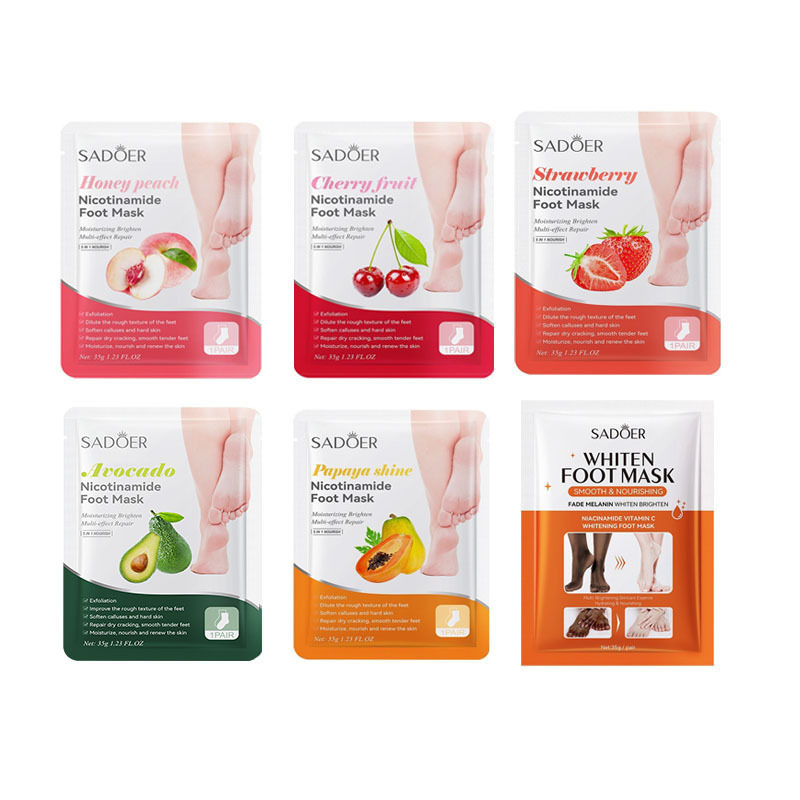 Full English Foot Mask Sadoer Peach Niacinamide Foot Mask Rejuvenating Flower and Fruit Essence Footfilm Cross-Border Wholesale
