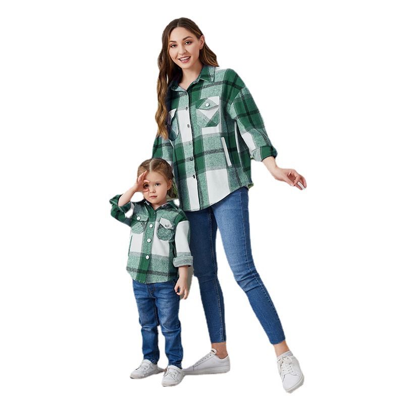 European and American Women's Casual Flannel Family Dress Plaid Lasel Buckle Long-sleeved Jacket Winter Loose Oversized Shirt