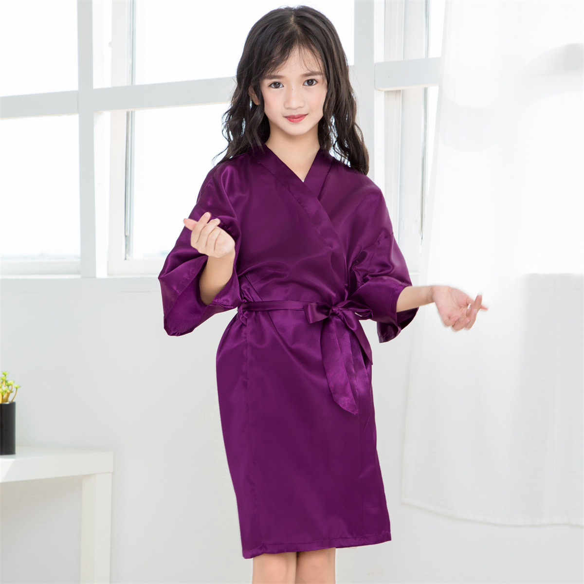 Cross-border Classic Solid Color Children's Party Foreign Trade Summer Plain Thin Imitation Silk Sade Thin Cardigan Nightgown