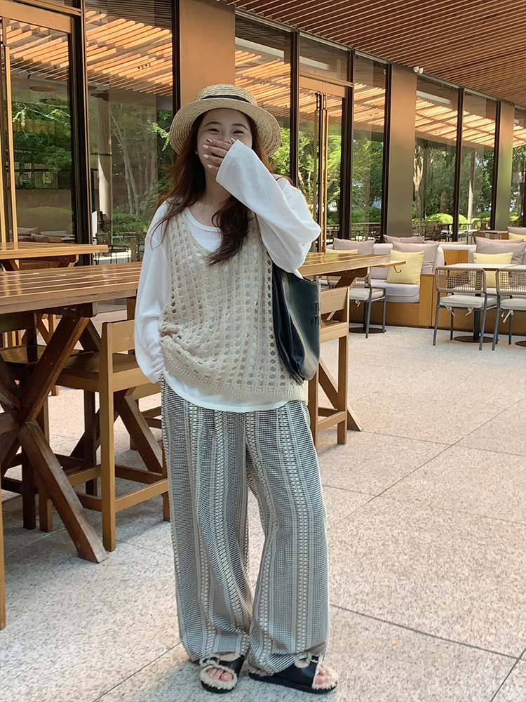 plus size Women's Design Stitching Plaid Wide Leg Pants Spring New Lazy Style Niche Loose All-match Mop Pants