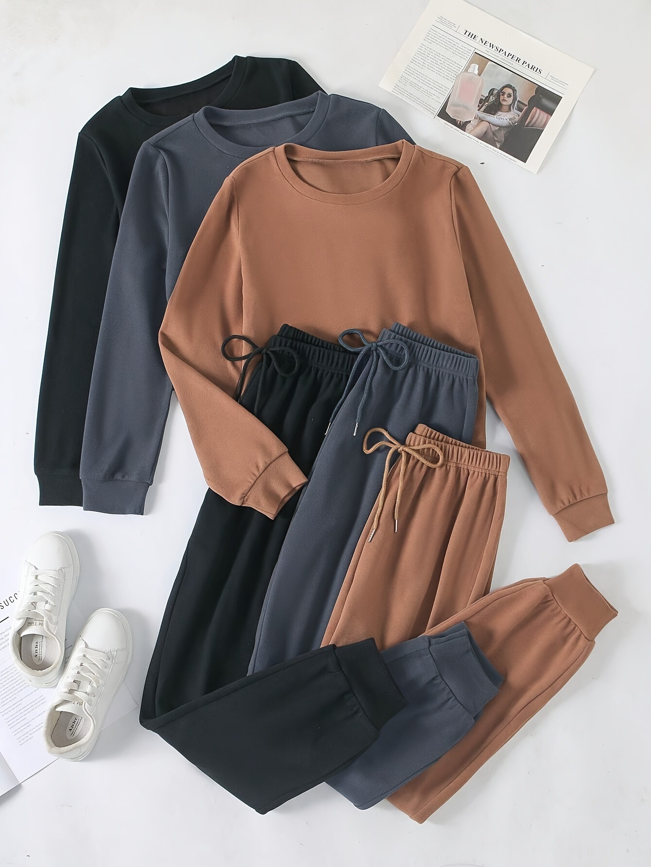 3 Sets Women's Solid Casual Lounge Set, Long Sleeve Round Neck