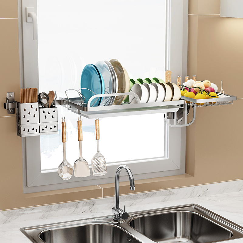 Punch-free Dish Rack Kitchen Storage Rack Wall Hanging Dish Rack for Dish and Bowl Rack for Windows and Windowsill Storage Rack Stainless Steel