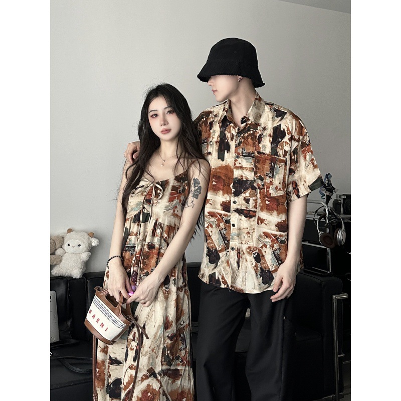 2024 Summer Couple Dress Simi Dyed Seaside Holiday Style Beach Wear Retro Suspender Dress One Dress One Dress