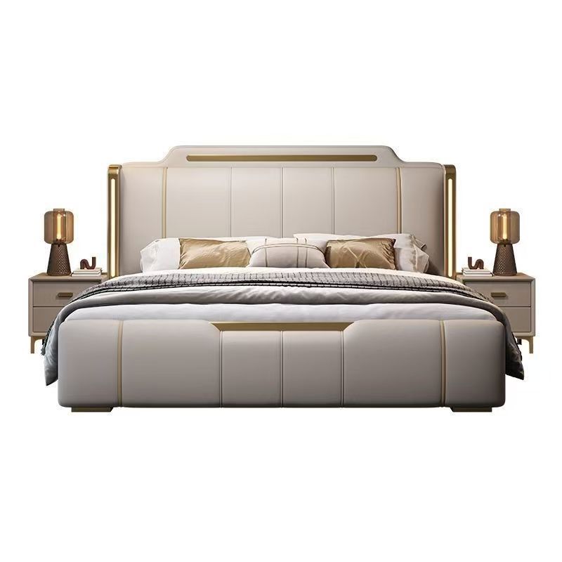 Master Bedroom Bed, New Italian-Style Light Luxury Leather Bed, Simple Modern Leather Bed, Master Bedroom High-End and Elegant Double Bed, Upholstered Wedding Bed