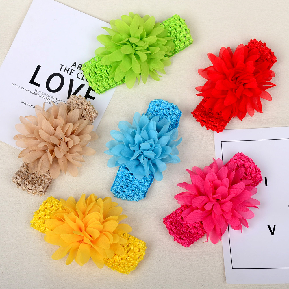 European and American Foreign Trade Hot Selling Children's Hair Band Hair Band Grid Hair Band Plus Chiffon Flower Baby Headband Baby Hair Accessories