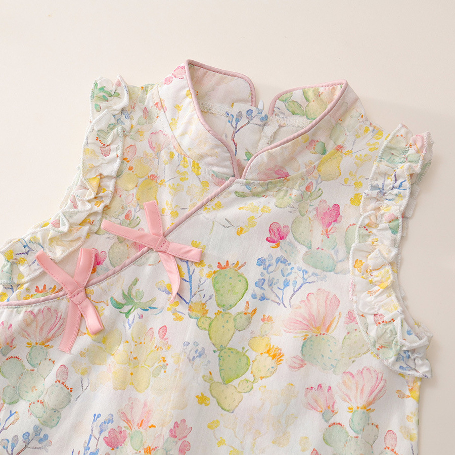 Girls Summer Sleeveless Floral Cheongsam 2025 New Children's Chinese Style Thin Printed Dress Dropshipping