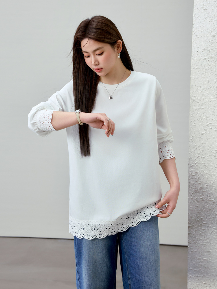 [Fashion Lace Stitching Design Sense Slim T-Shirt] Slim Show plus size Women's Fat mm2025 Spring New