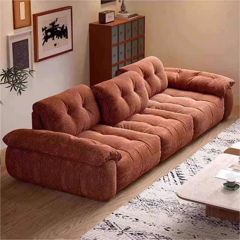 Vintage Fabric Sofa for Living Room with a High-End French Cream Style, Retro Adjustable Backrest Straight-Row Sofa