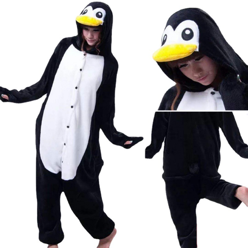Adult mixed batch autumn and winter flannel cartoon animal conjoined pajamas men and women couple home penguin costumes wholesale