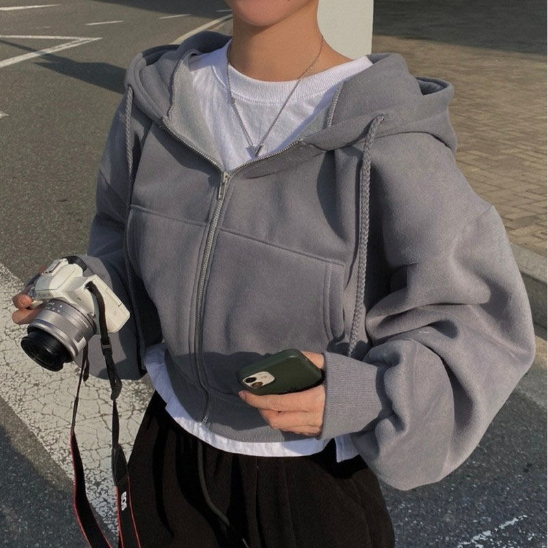 Autumn/Winter 2023 New Ins fleece-lined All-match Fashion Short Slim-fit Zipper Warm Solid Color Hooded Sweat for Women