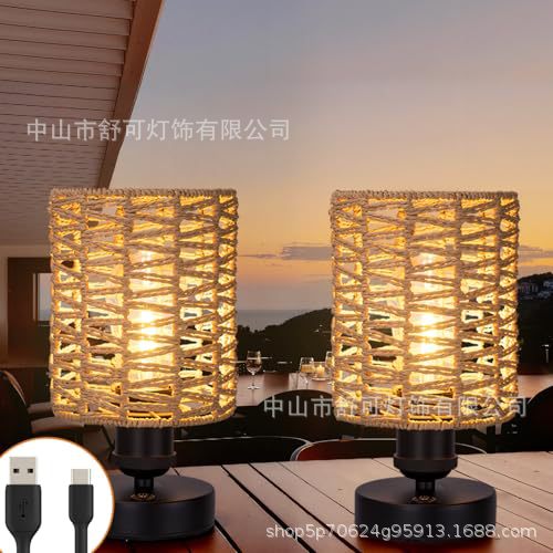 Amazon American Imitation Hemp Rope Hand-Woven Table Lamp B&B Restaurant Hotel Inn Bedroom Rechargeable Table Lamp