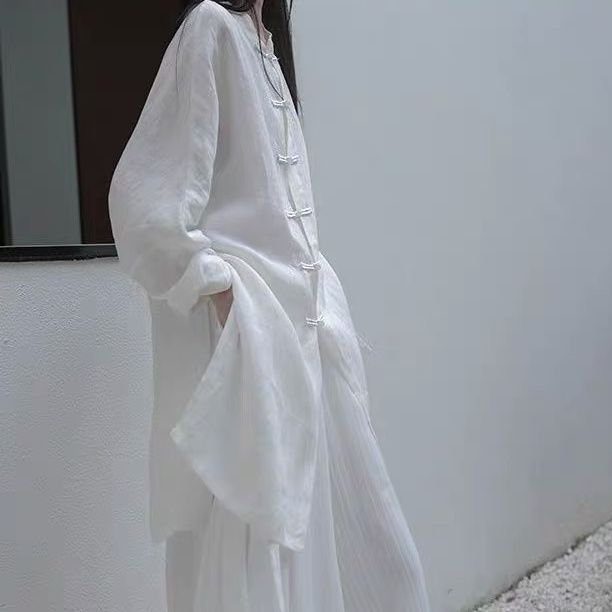 Rikyu White Tea Homemade Zen Buckle Loose Shirt Han Dynasty Style White Shirt Women's Mid-Length