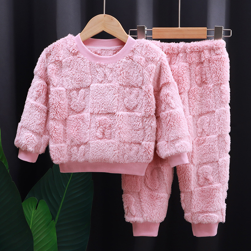 Children's Flannel Pajamas Set for Boys and Girls Korean Style Warm and Thickeneded Home Clothes Baby Plus Fleece Clothes Set