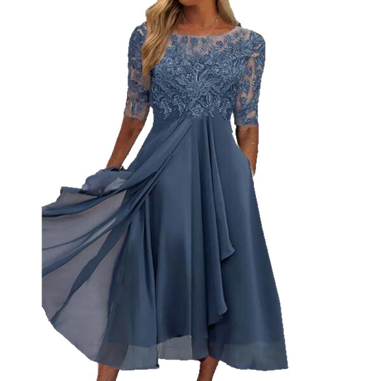 2025 European Station Cross-Border Amazon Dress Chiffon Splicing Lace Cut Out Long Skirt Bridesmaid Evening Dress Women's Clothing