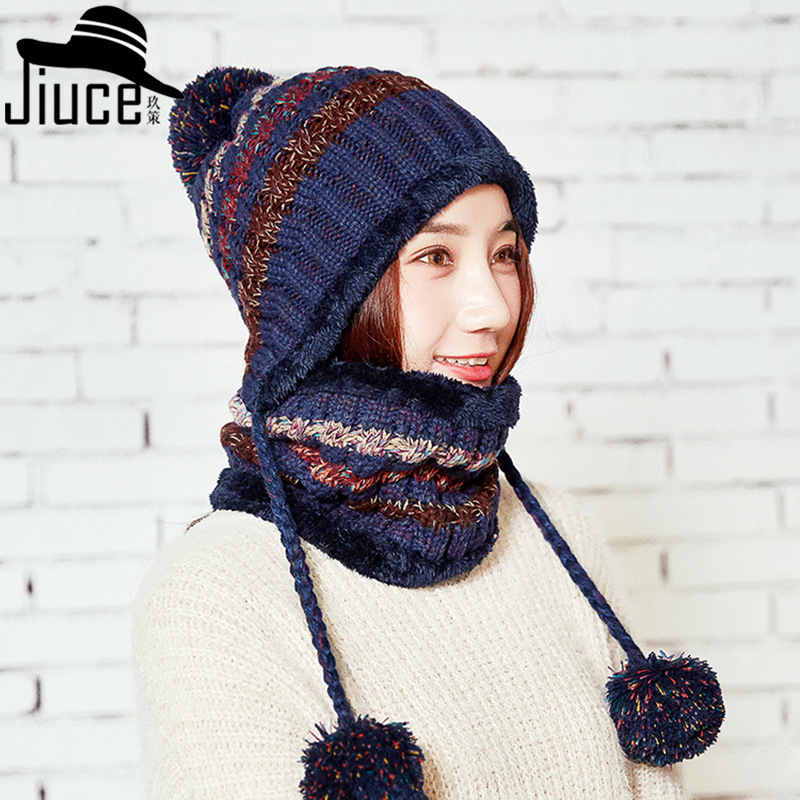 Вязаная шапка фабрика место цвет закрутка три помпона защита ушей шершавая шапка набор зимний тёплый комплект из 2 предметов