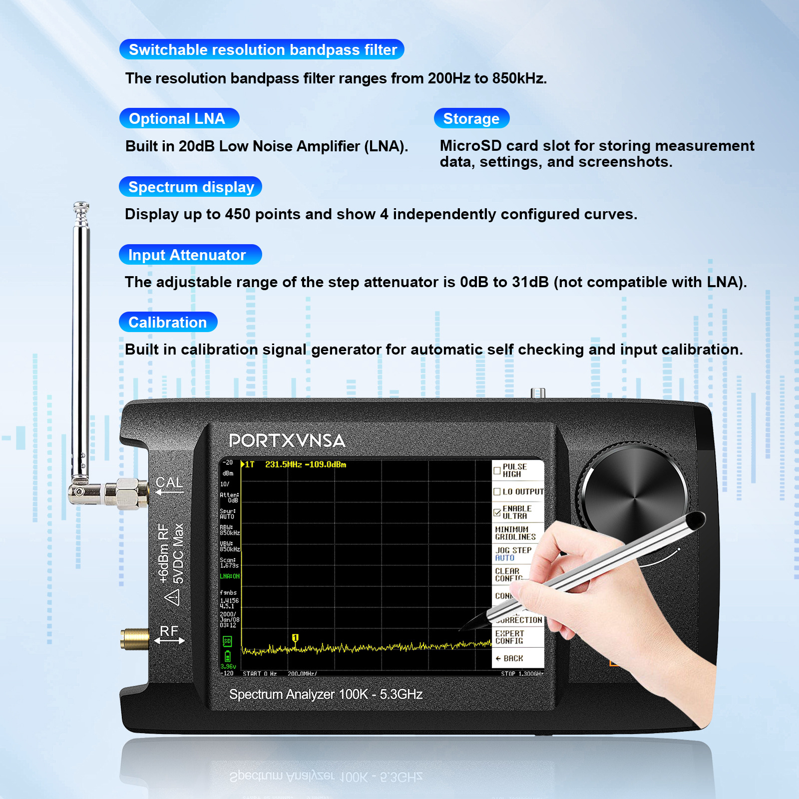 4 inch IPS LCD SA5 multi-function handheld spectrum analyzer 100k-5.3GHz signal generator