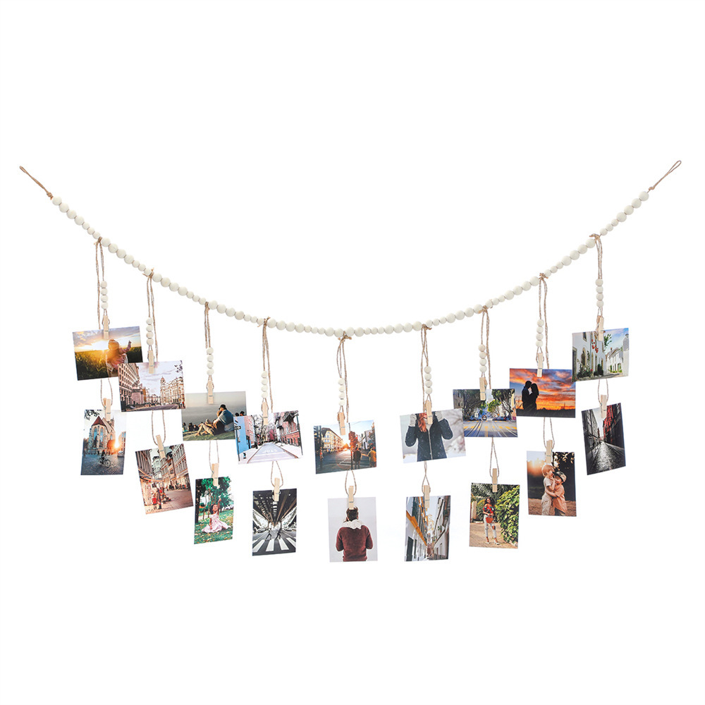 Wooden beads hanging photo display hemp rope original wood beads tassel clip photo frame storage wall decoration