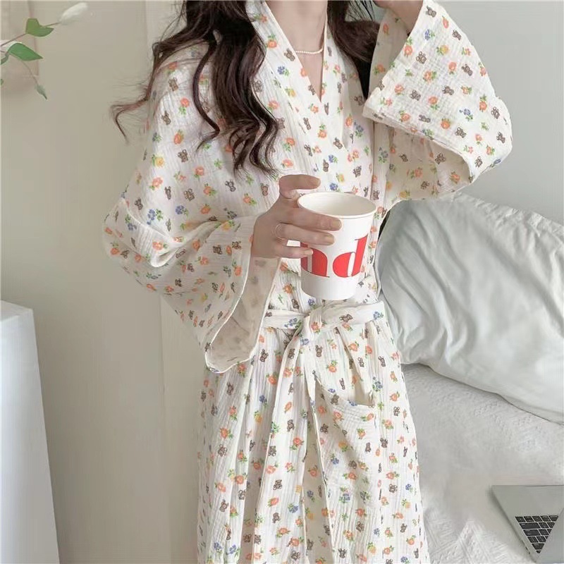Japanese-style Kimono Long-sleeved Nightgown Cute Bear Nightgown Women's Autumn Long Pajamas Casual Home Clothes for Outer Wear