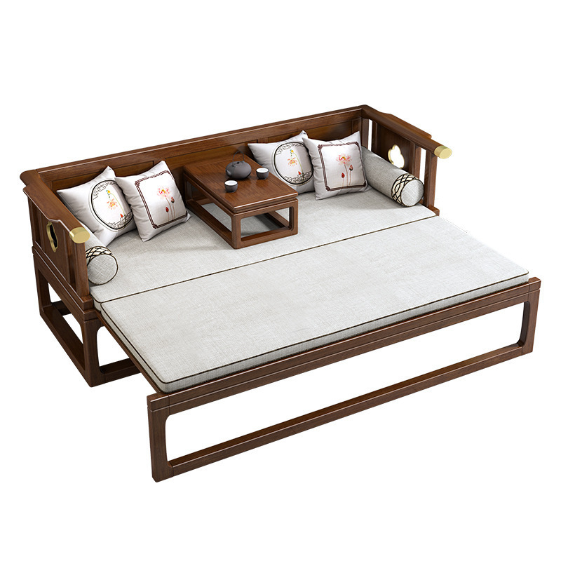 New Chinese Solid Wood Rohan Bed Walnut Small Apartment Telescopic Push-pull Bed Sofa Bed Multifunctional Tea Bed Rohan Chair