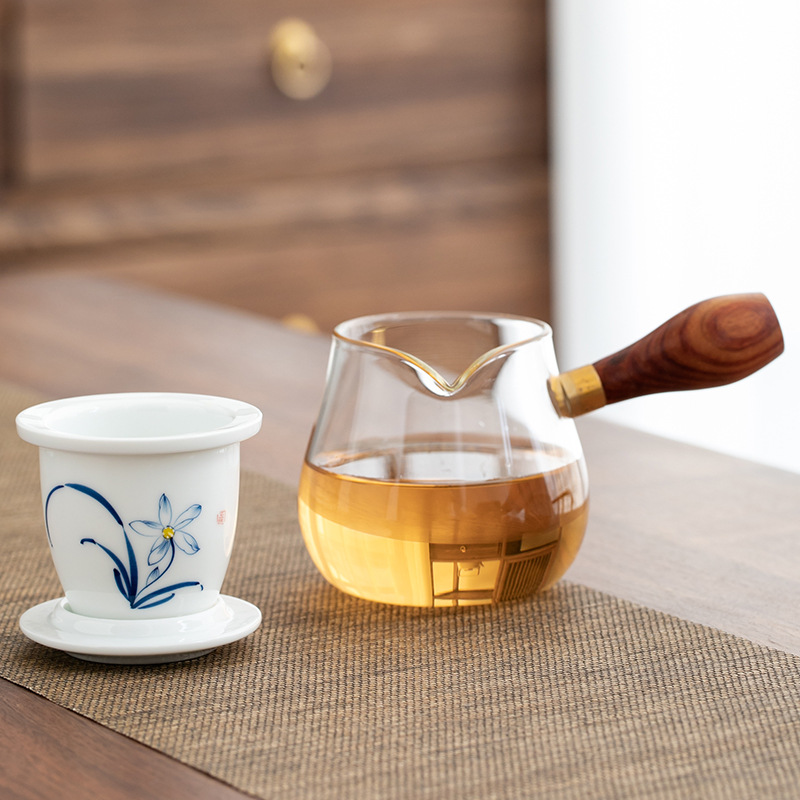 Hand-Painted Tea Water Separation Teapot Wooden Handle Side Handle Heat-Resistant Glass Teapot Ceramic Filter Liner Office Home