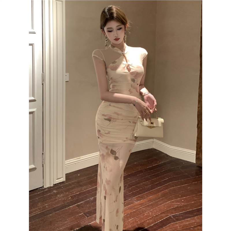 New Chinese Style Vintage National Style Printed Modified Cheongsam Sexy Hollow Mesh Stitching Slimming dress with Tight Waist