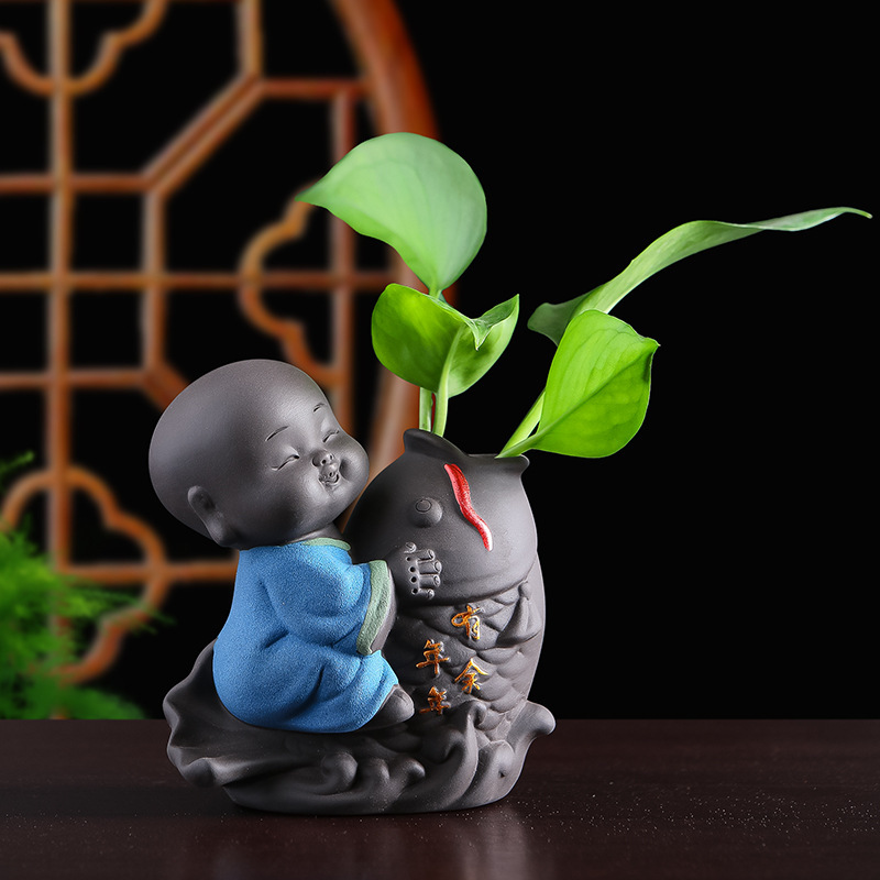 Rui Jie Cute Purple Sand Little Monk Flower Ware Tea Pet Ornaments Water Raising Flower Insert Tea Table Tea Set Office Desktop Hydroponic