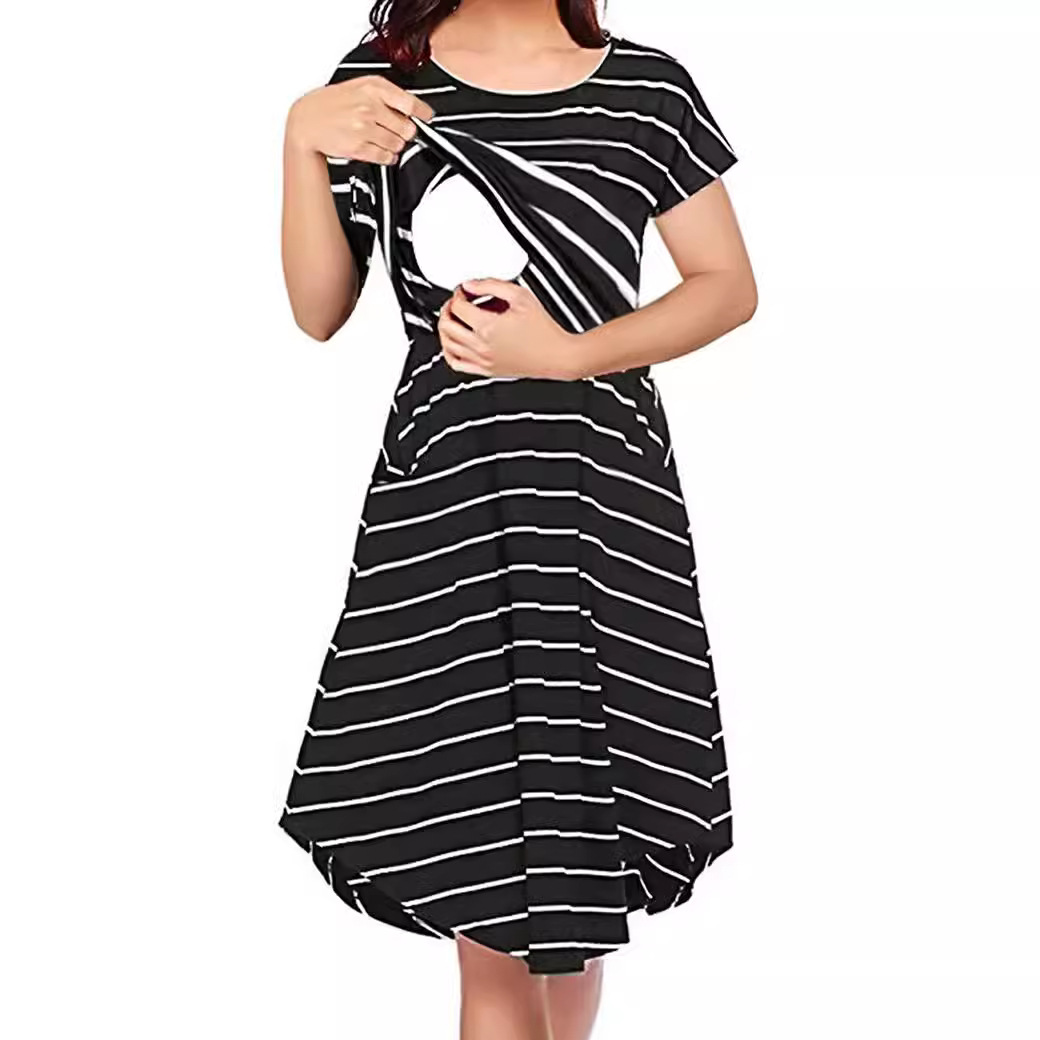 2025 Amazon Aliexpress Popular Stripesd Multi-Functional Stripesd Maternity Wear Mother's Nursing Dress in Stock