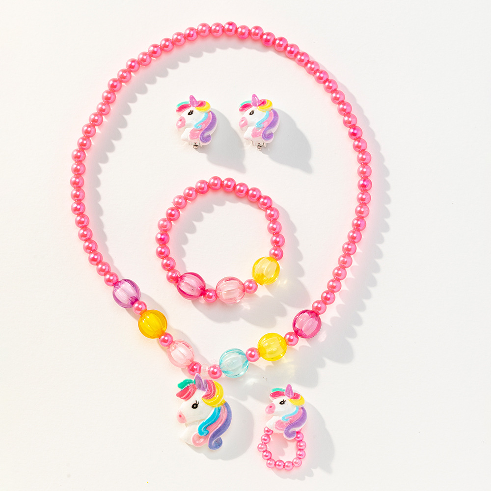 Children's Cartoon Unicorn Resin Necklace Bracelet Four-piece Set Ring Earrings Girls Flower Set Wholesale