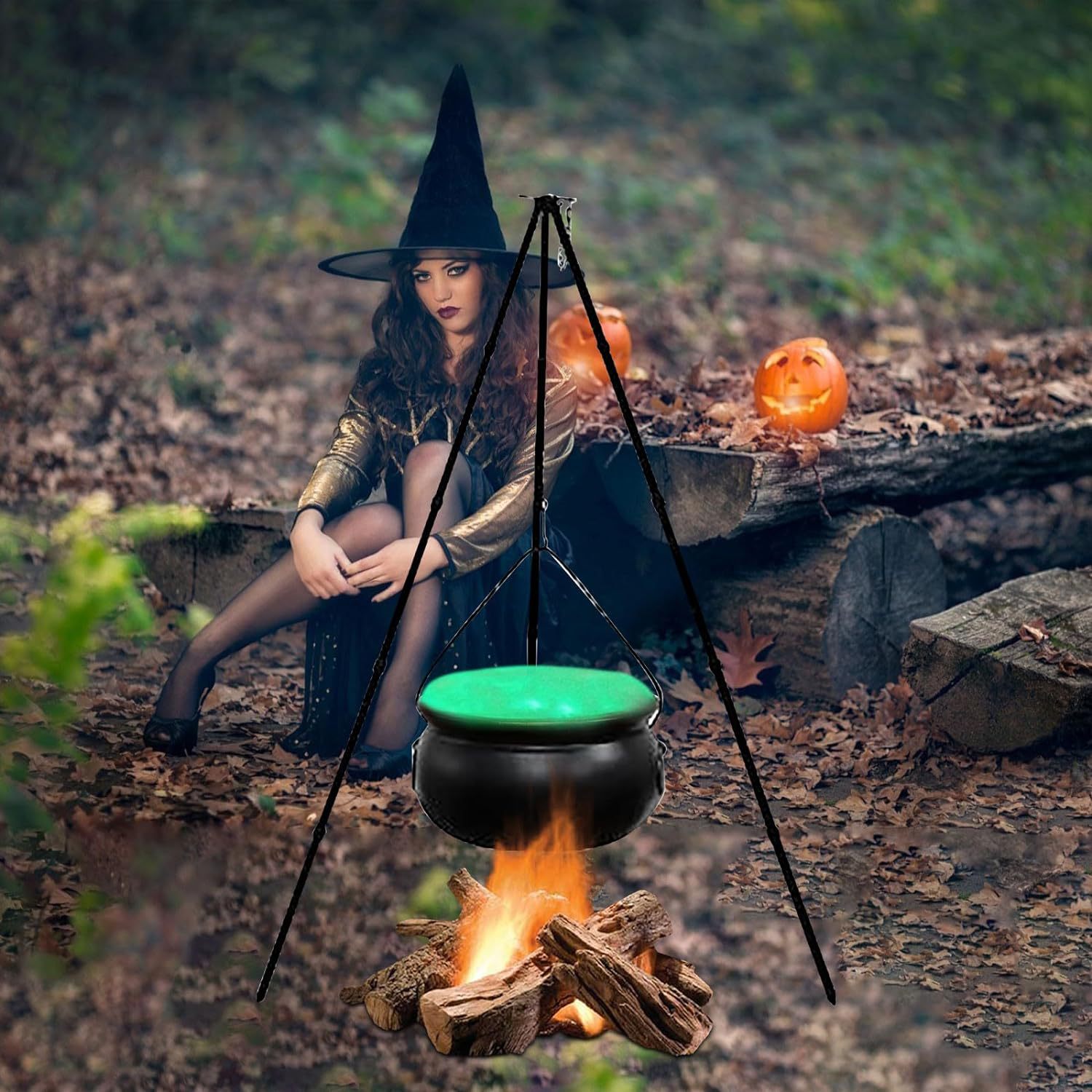 Large Witches Cauldron on Tripod Witch Cauldron on Tripod with Lamp Decoration