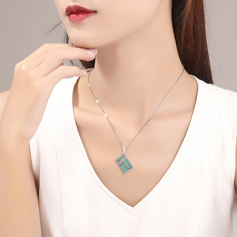 Natural A-Grade Jadeite Blue Water Tongcai Abacus Pendant S925 Silver Inlaid Ice Jade Pendant Necklace for Men and Women